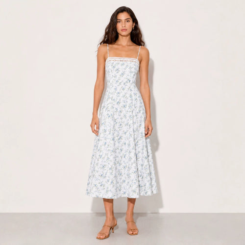 Women's Vintage-inspired Midi Dress with Slim Spaghetti Straps, Lace Insert and Flared Skirt StylebySassy