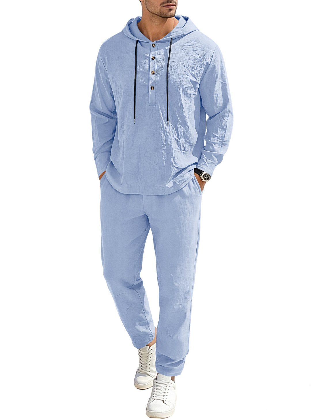 Men's relaxed hoodie Henley leisure suit made of lightweight cotton blend with linen look, featuring drawstring and elastic waistband pants StylebySassy