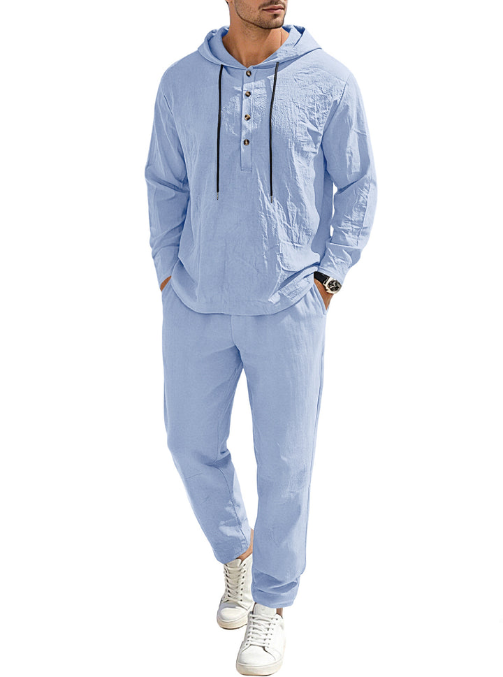 Men's relaxed hoodie Henley leisure suit made of lightweight cotton blend with linen look, featuring drawstring and elastic waistband pants StylebySassy