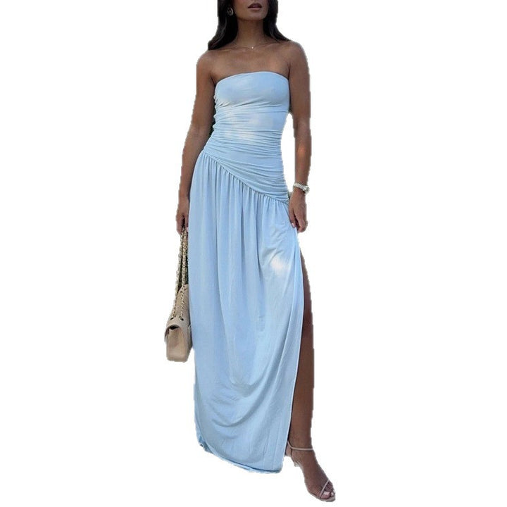 Ladies an elegant evening maxi dress with off-the-shoulder bustier, asymmetrical wrap gathering and high side slit StylebySassy