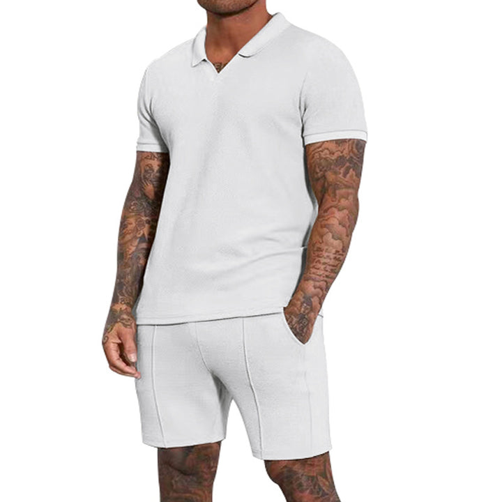 Men's short-sleeved half-collar knit set with fine waffle structure and straight-cut shorts StylebySassy