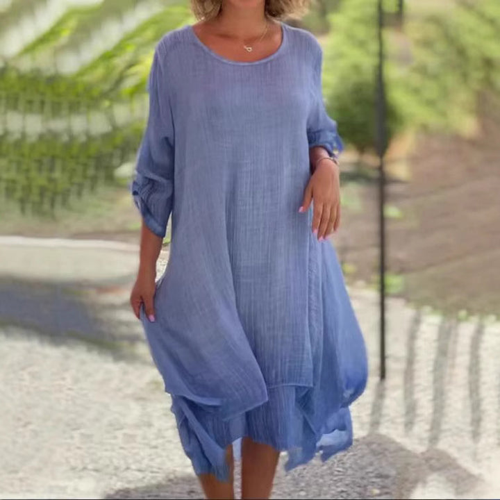 Women’s loose muslin layer midi dress with A-line and roll-up sleeves StylebySassy