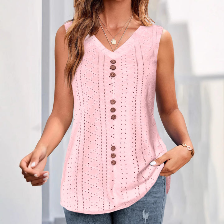 Women's sleeveless broderie anglaise top with V-neck and decorative button placket StylebySassy