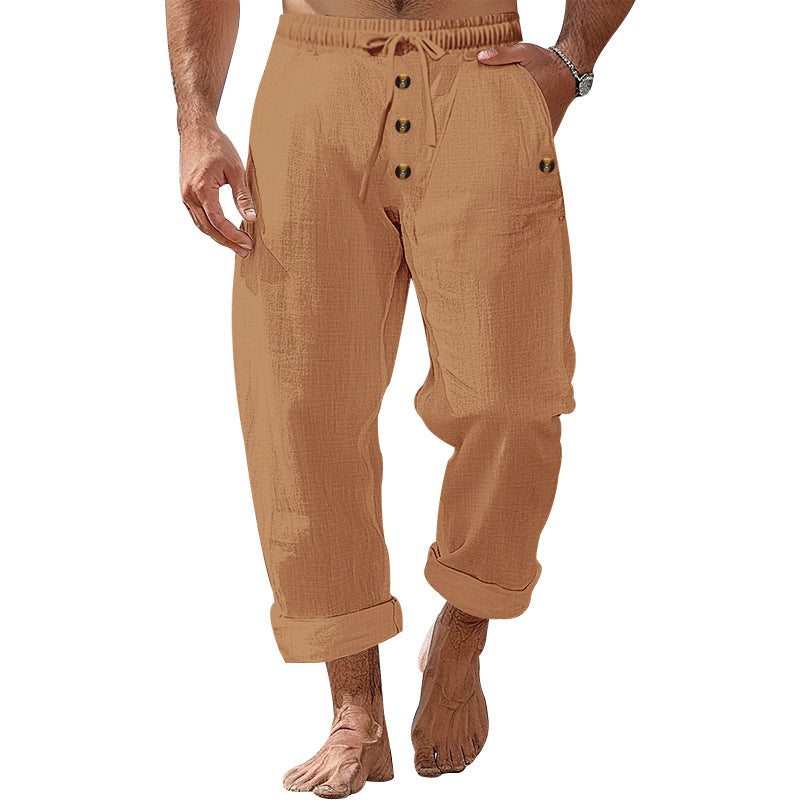 Men's casual linen-cotton pants with elastic waistband, drawstring, and rolled-up hem StylebySassy