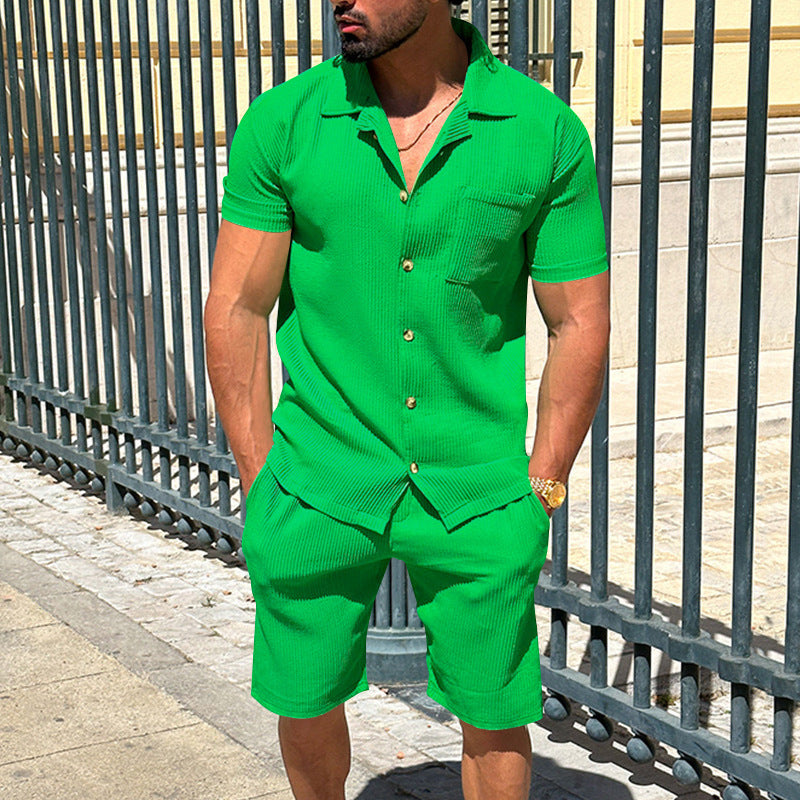 Men's casual two-piece leisure set made of ribbed jersey with shirt collar button placket and shorts StylebySassy
