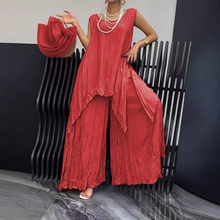 Women two-piece set in airy crinkle look with sleeveless tunic and wide palazzo pants StylebySassy