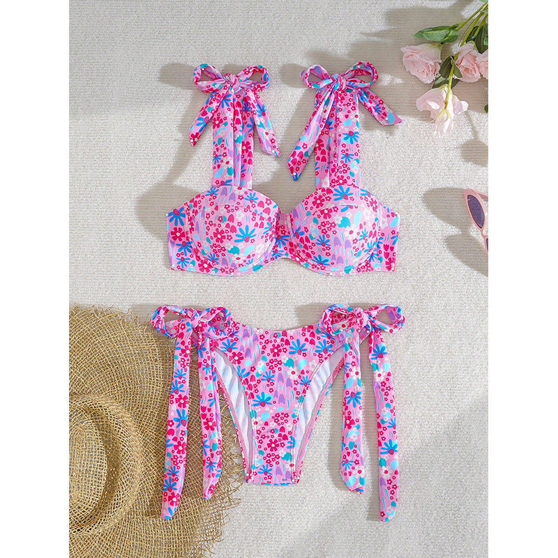 Women's Bikini Set with Floral Pattern and Playful Bows