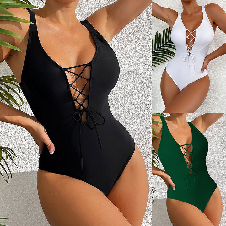 Women's one-piece swimsuit with sophisticated lacing detail StylebySassy