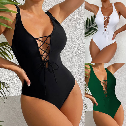 Women's one-piece swimsuit with sophisticated lacing detail StylebySassy