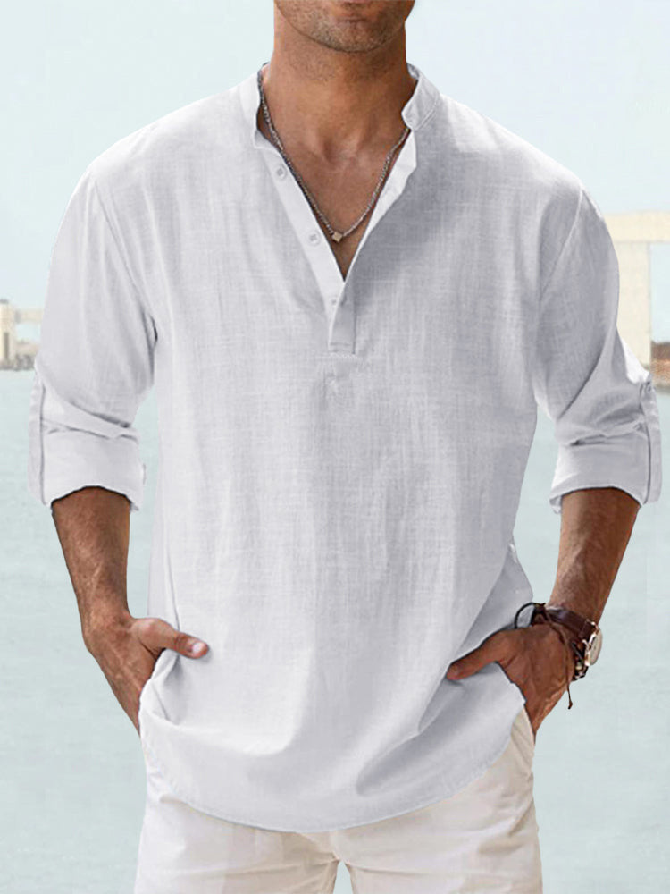Men's nan casual linen henley shirt with stand-up collar, roll-up sleeves, and rounded hem StylebySassy
