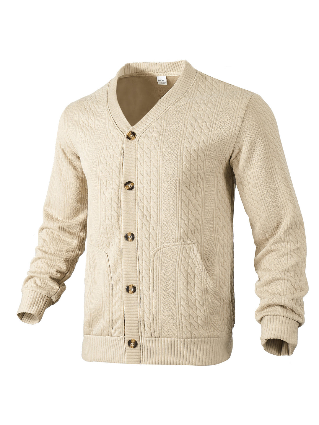 Men's elegant braided knit cardigan with V-neck button placket and patch pockets StylebySassy