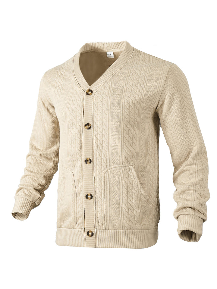 Men's elegant braided knit cardigan with V-neck button placket and patch pockets StylebySassy