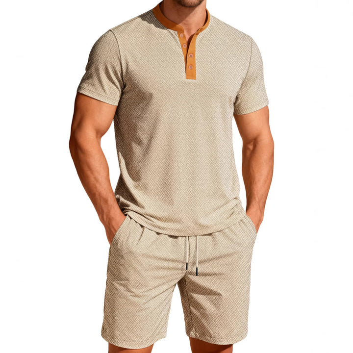 Men's nautical leisure set with fine wave texture stand collar trim and drawstring shorts StylebySassy