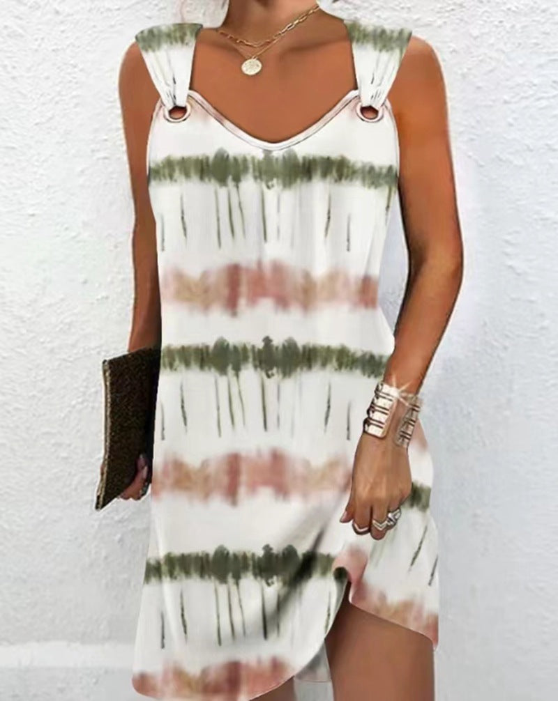 Women's sleeveless V-neck summer dress with decorative metal eyelets on wide straps and casual A-line silhouette StylebySassy
