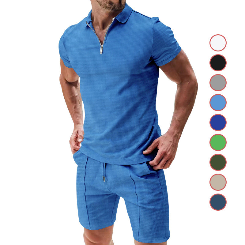 Men's casual polo shirt and chino shorts set with half zipper, textured jersey and subtle crease StylebySassy