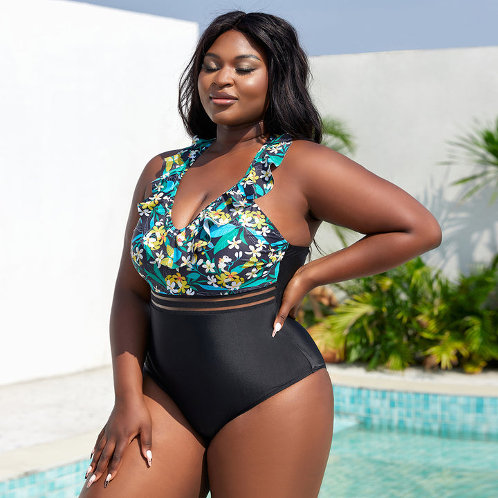 Women's High-Waisted Swimsuit with Ruffle Details and Floral Top StylebySassy