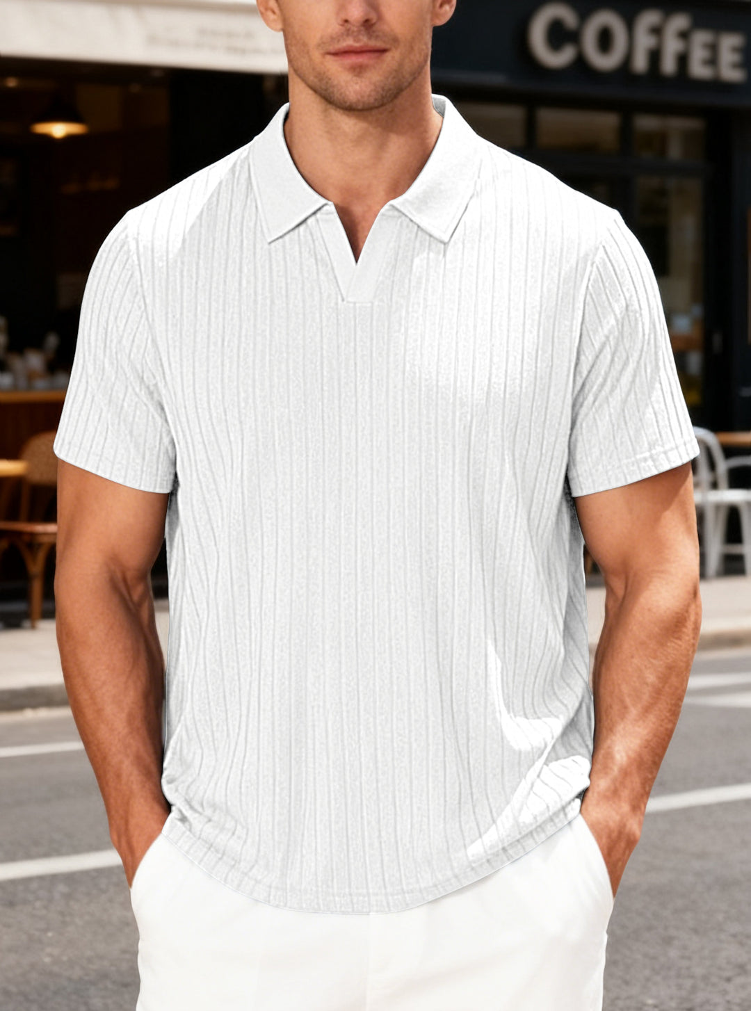 Men's structured short-sleeve polo with V-insert and shirt collar StylebySassy