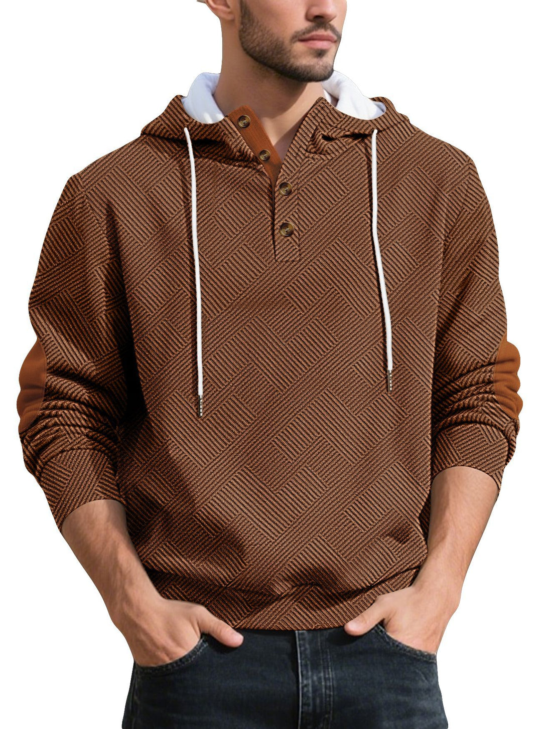 Men's structured hoodie henley pullover with jacquard texture, button placket, and elbow patches StylebySassy