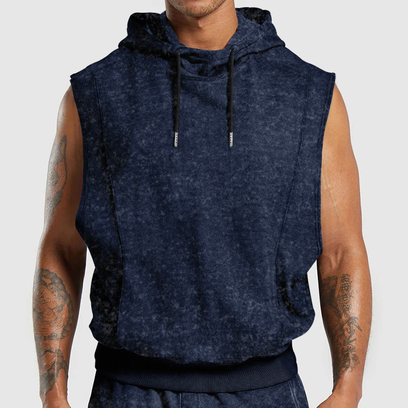 Men's sleeveless hoodie in stone-wash look with deep armholes and ribbed hem StylebySassy