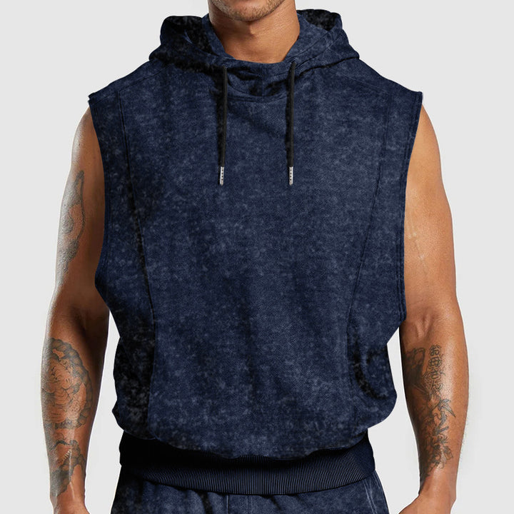 Men's sleeveless hoodie in stone-wash look with deep armholes and ribbed hem StylebySassy