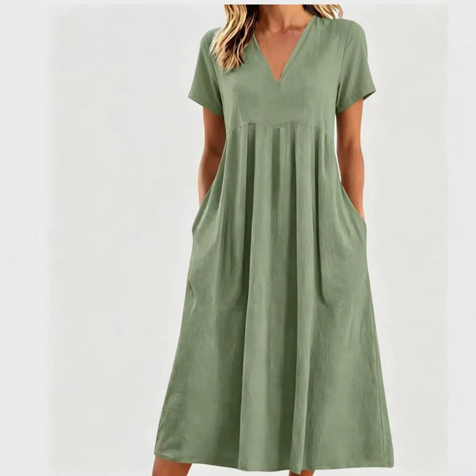 Women nan legeres V-neck midi dress with side pockets and gathered empire seam StylebySassy