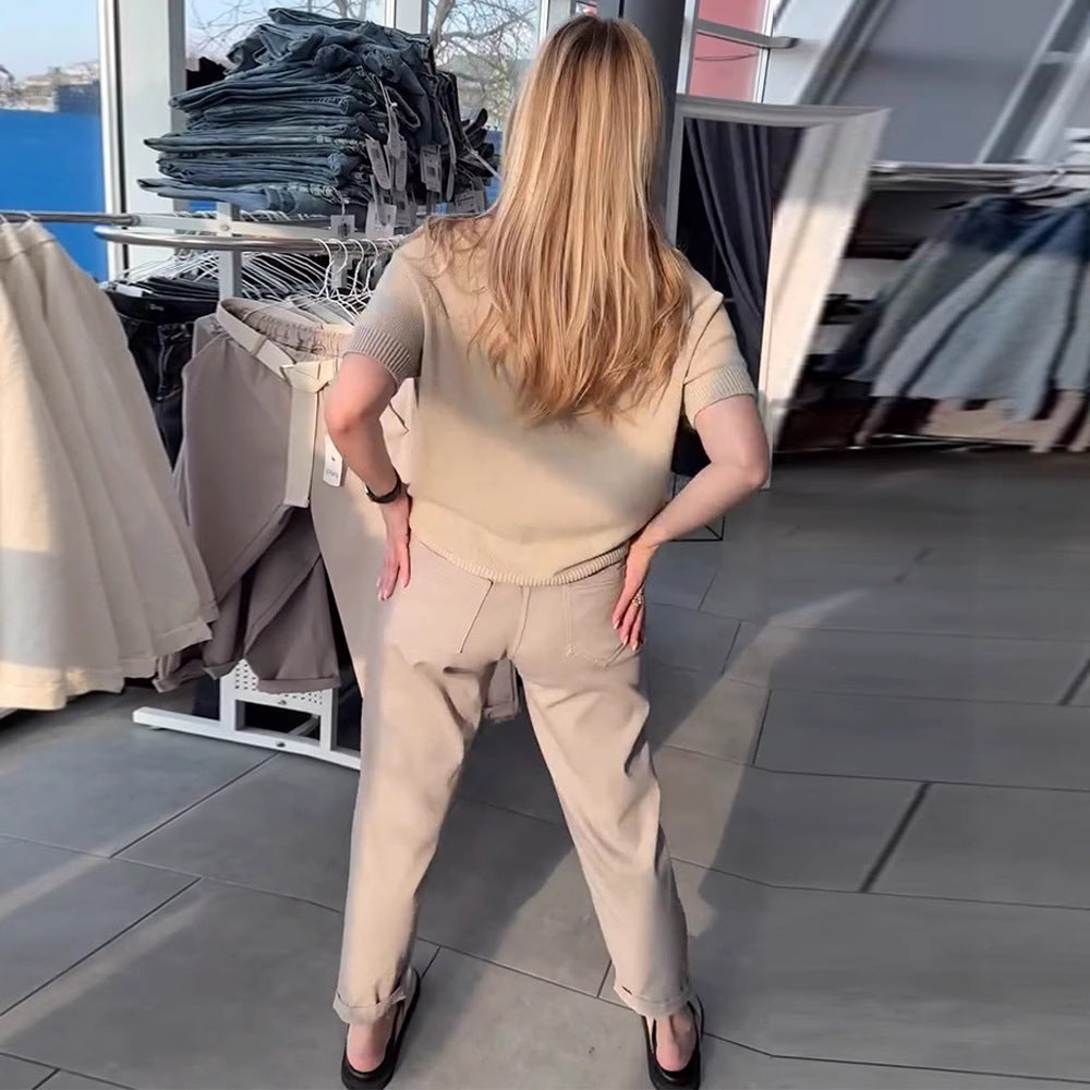 Women's casual cotton chinos with elastic comfort waistband, cuffs, and decorative belt StylebySassy