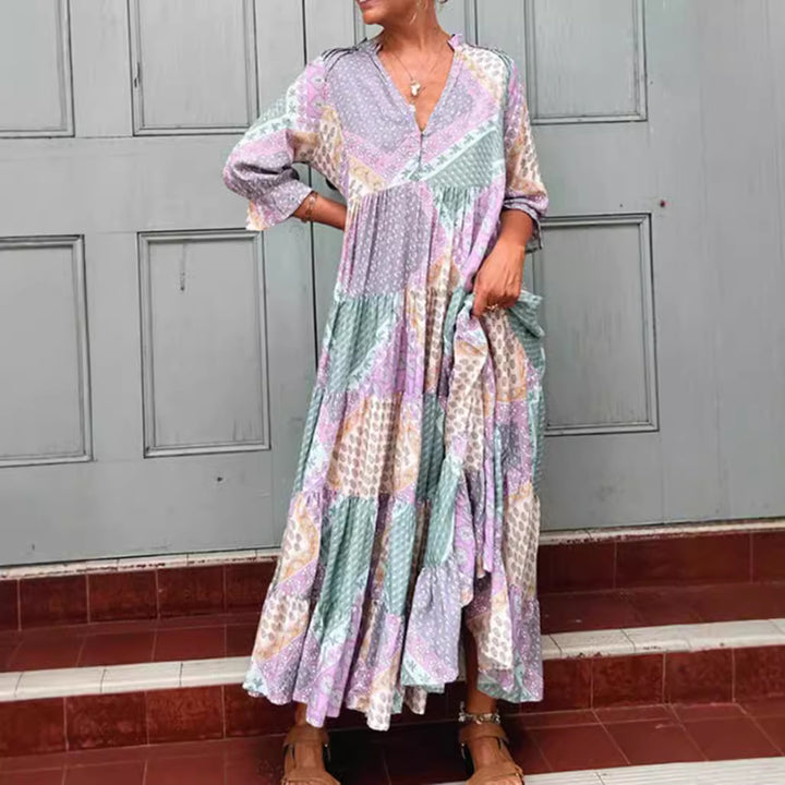 Women's nan Patchwork tiered maxi dress with V-neck, partial button placket, gathered yoke and side pockets StylebySassy