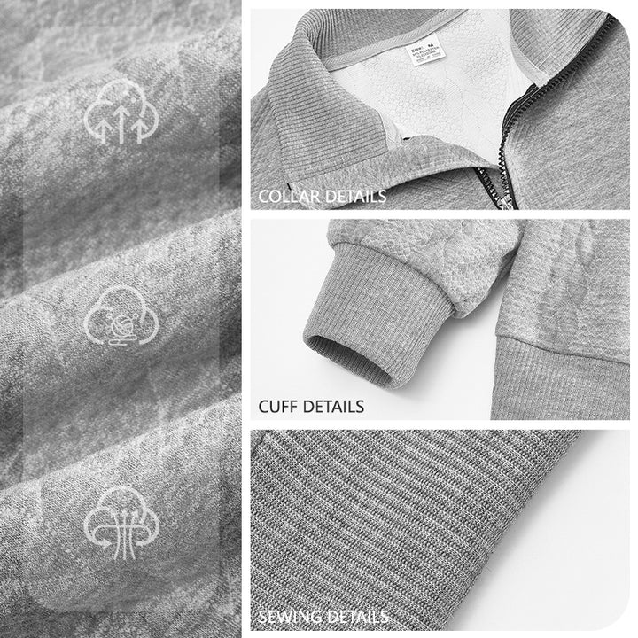 Men's textured knit sweater with half zip, braided cable pattern, and high stand-up collar StylebySassy