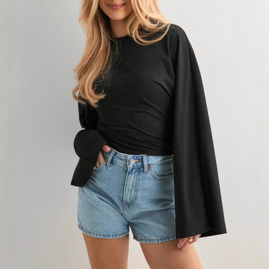 Ladies cropped fitted top with extra wide batwing sleeves StylebySassy