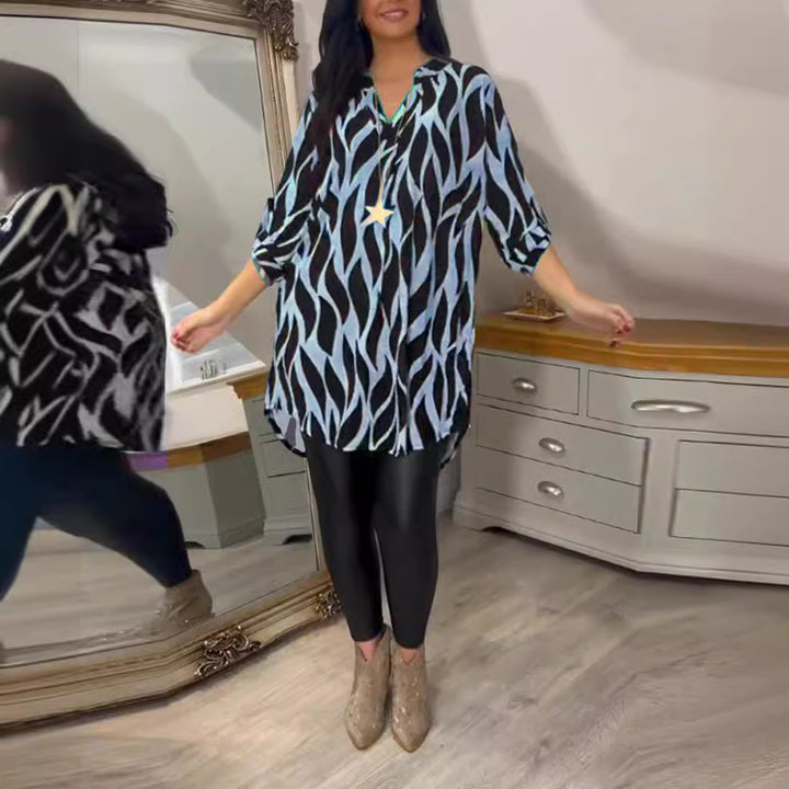 Women's oversized long tunic with abstract wave print, V-neckline and roll-up three-quarter sleeves StylebySassy