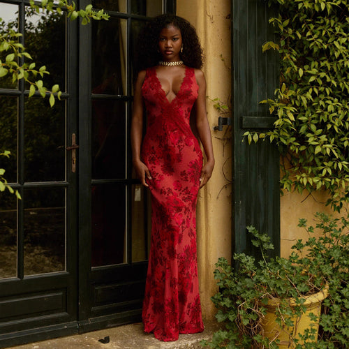 Women's form-fitting evening dress in mermaid cut with deep V-neck and floral lace trim StylebySassy