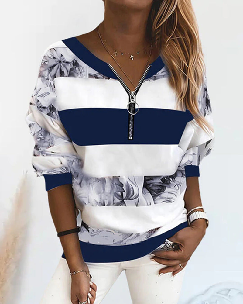Women's slightly oversized sweatshirt with ring zipper, block stripes and floral insert StylebySassy