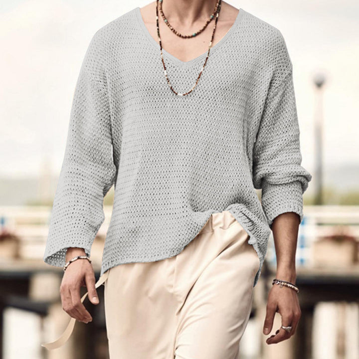 Men's structured waffle knit long sleeve shirt with V-neck and warming thermoeffect StylebySassy