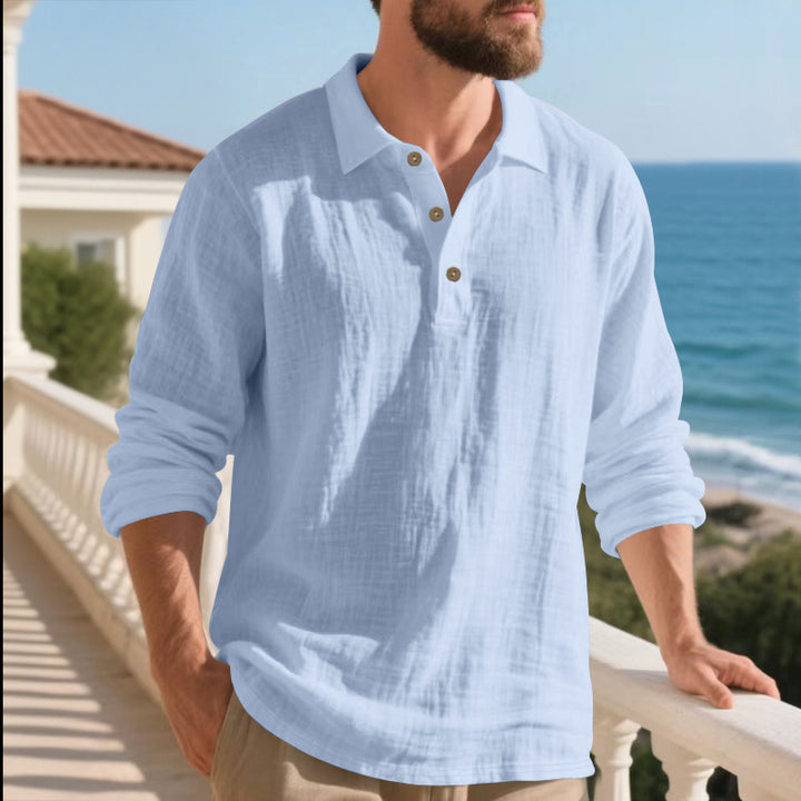 Men's casual linen henley shirt with polo collar and triple button placket StylebySassy