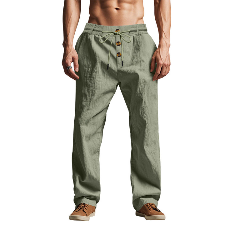 Men's relaxed pants in linen look with decorative button placket and drawstring waistband StylebySassy