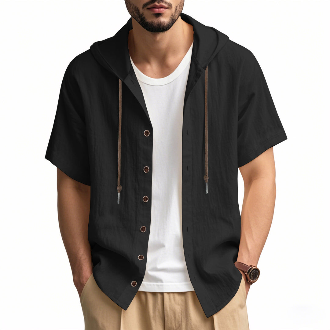 Men's breathable short sleeve hoodie made of linen blend with wooden button placket and drawstring StylebySassy