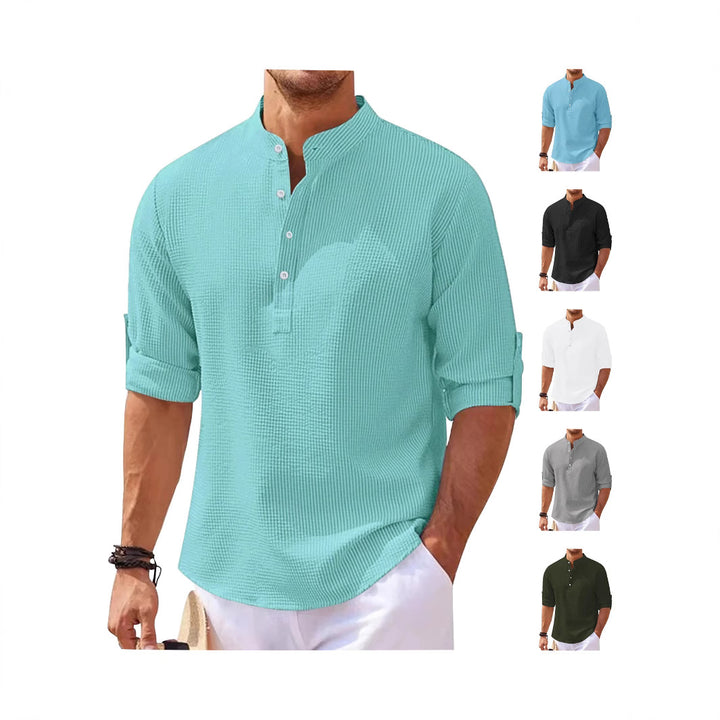 Women's oversized long sleeve Henley with stand-up collar waffle texture and sleeve fastening StylebySassy