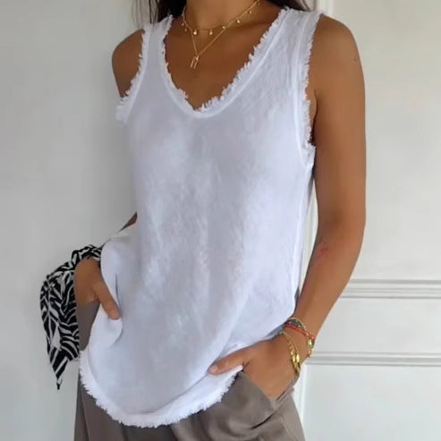 Women's casual linen look tank top with frayed hem U-neck and loose hip length StylebySassy