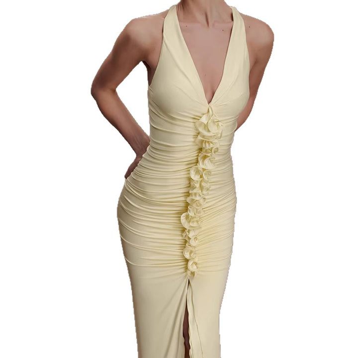 Women High-Quality Evening Dress with Deep V-Neck and Gatherings