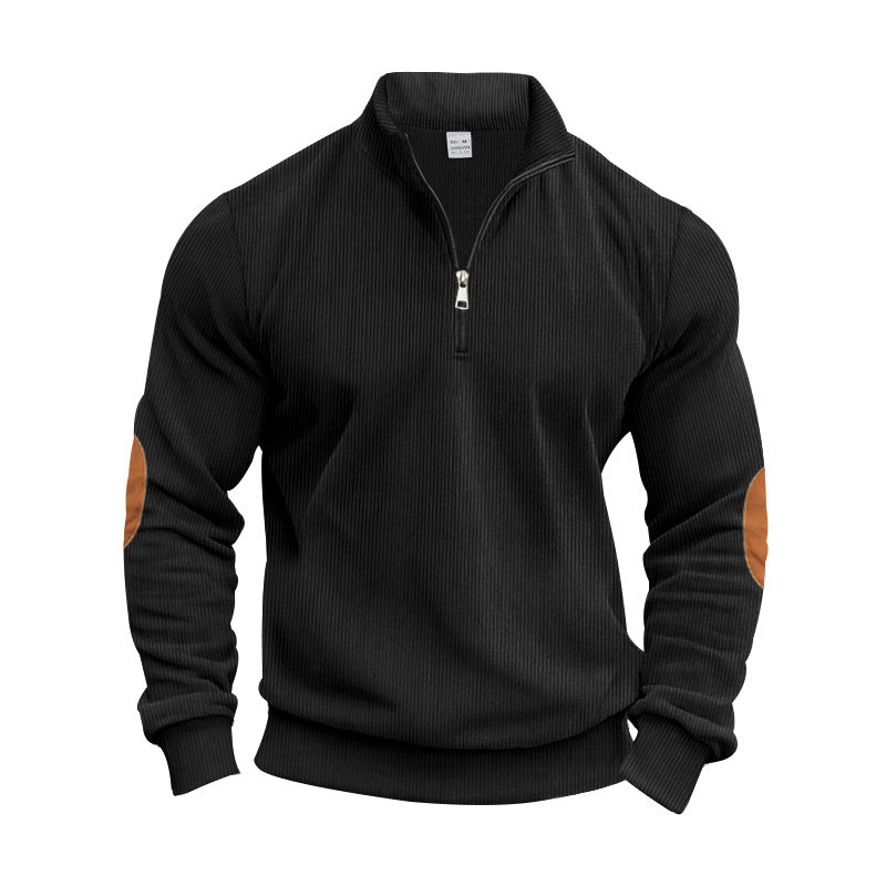 Men's structured cotton knit pullover with half zipper and elbow patches StylebySassy