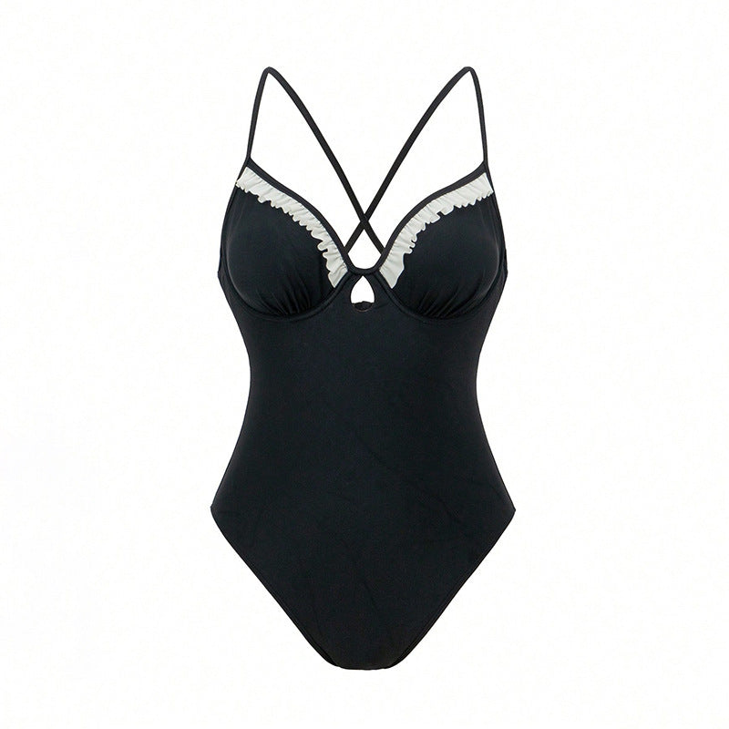 Women One-Piece Swimsuit with Decorative Ruffle Hem and V-Neck StylebySassy