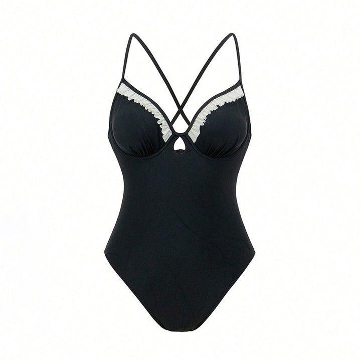 Women One-Piece Swimsuit with Decorative Ruffle Hem and V-Neck StylebySassy