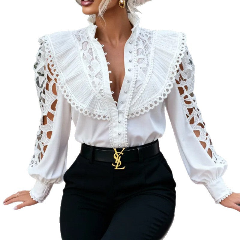 Women’s Victorian-inspired lace blouse with oversized ruffled collar, pearl button placket, and openwork sleeves StylebySassy