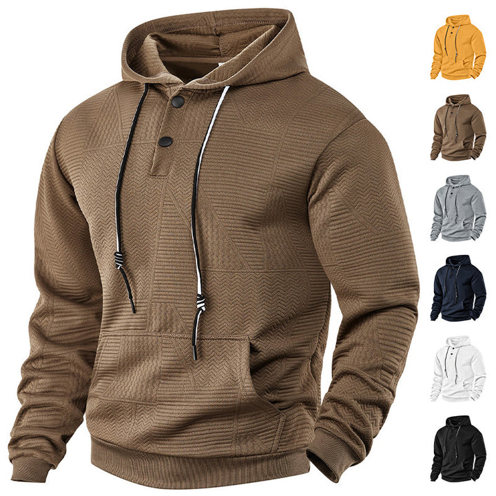 Men's hooded sweatshirt with geometric structure, Henley placket, and kangaroo pocket StylebySassy