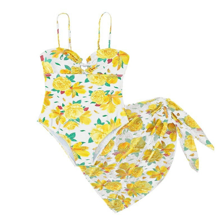 Women's one-piece swimsuit with floral design and matching overlay skirt StylebySassy
