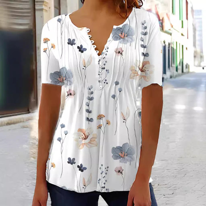 Women's slightly lightweight V-neck blouse shirt with decorative button placket and subtly pleated front part StylebySassy