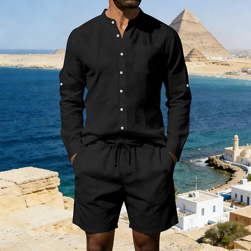 Men's casual linen set with stand collar shirt and drawstring shorts StylebySassy