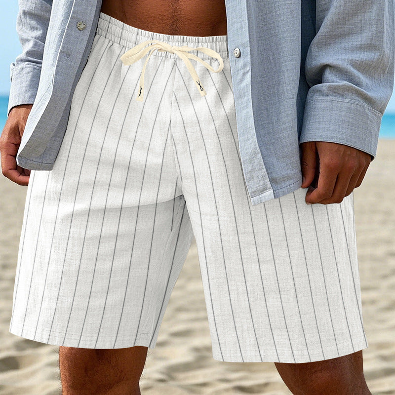 Men's relaxed beach Bermuda shorts with fine pinstripe structure, elastic drawstring waistband, and side slip pockets StylebySassy