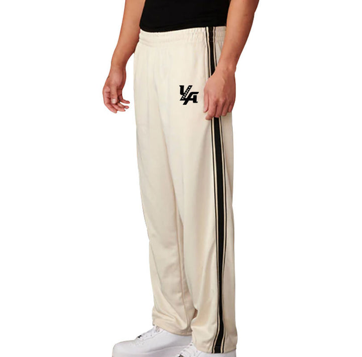 Men's straight-cut training pants with elastic comfort waistband, side double stripe, and thigh logo print StylebySassy