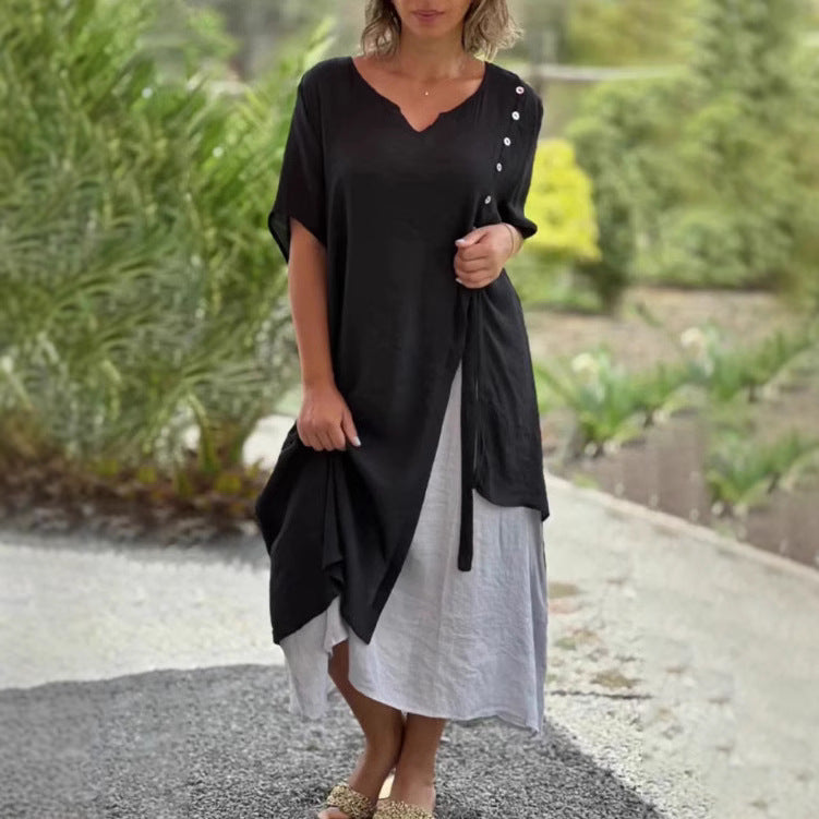 Women’s two-layer layered dress with asymmetric hem and decorative button placket StylebySassy
